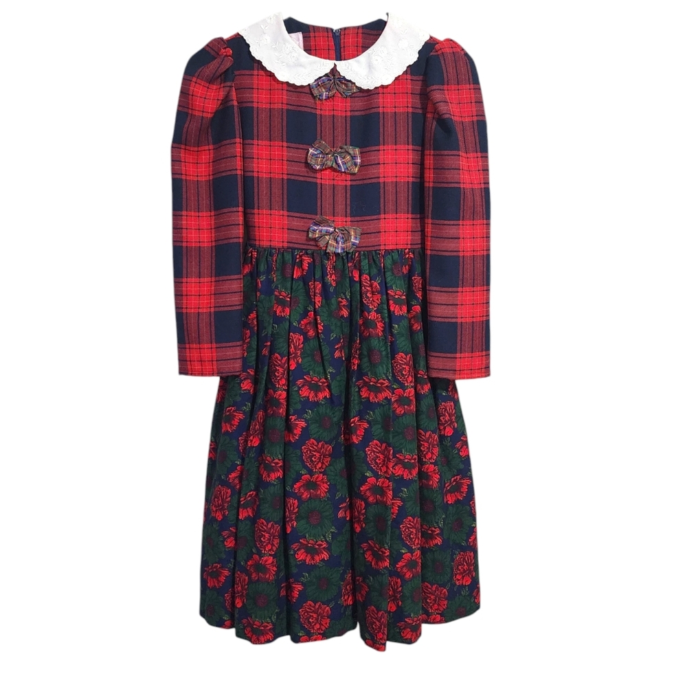JOAN CALABRESE girls plaid holiday red green black floral lace party dress 10โ
